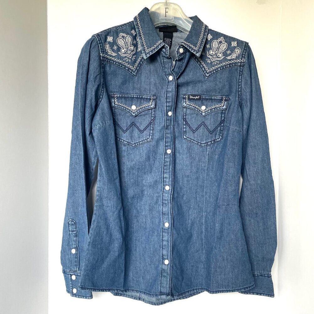 Wrangler Western Denim Shirt Blue Retro Embroidered Womens XS - Picture 1 of 6